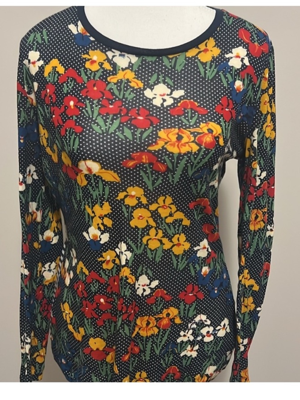 Tory Burch Navy Floral Long-Sleeve Top front blue and white striped on back.
